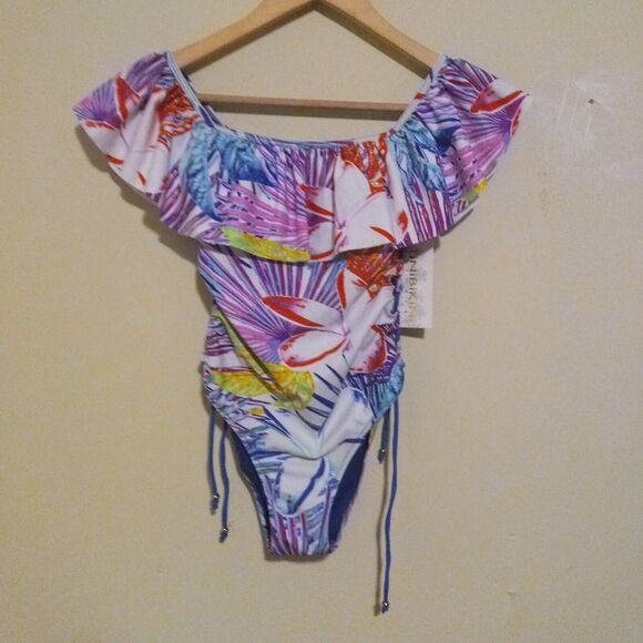 TiniBikini Small Tropical Palm One Piece Swimsuit-Ruffle Neck-Lace Up Sides-NEW - Picture 2 of 10